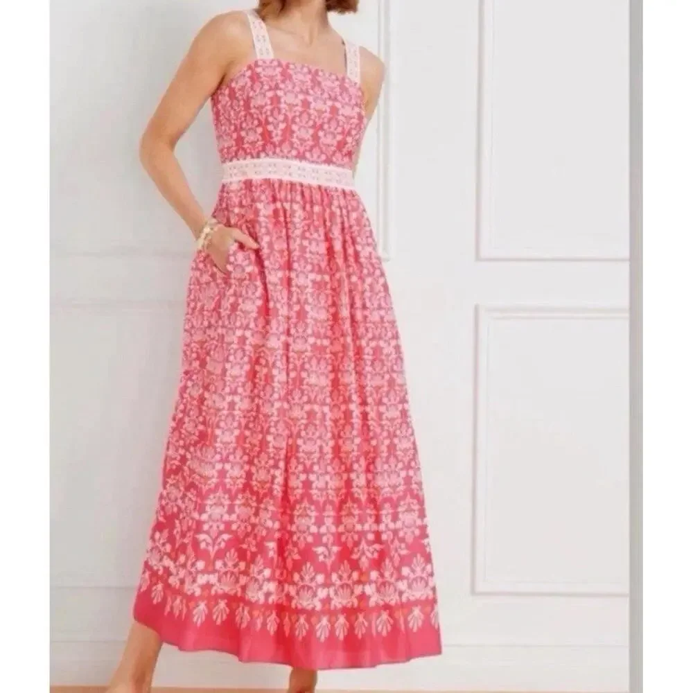 Talbots Coral Pink Voile Sleeveless Flare Maxi Dress Pockets Sundress Cotton 10P - Picture 3 of 15